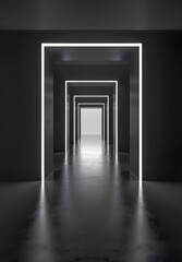Minimalist black and white of an empty room with symmetrical doorways