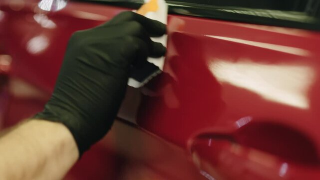 Slow motion closeup applying ceramic coating on the red car