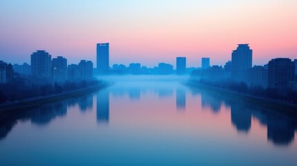 Obraz premium Serene Urban Landscape with Foggy River at Dawn in Cityscape