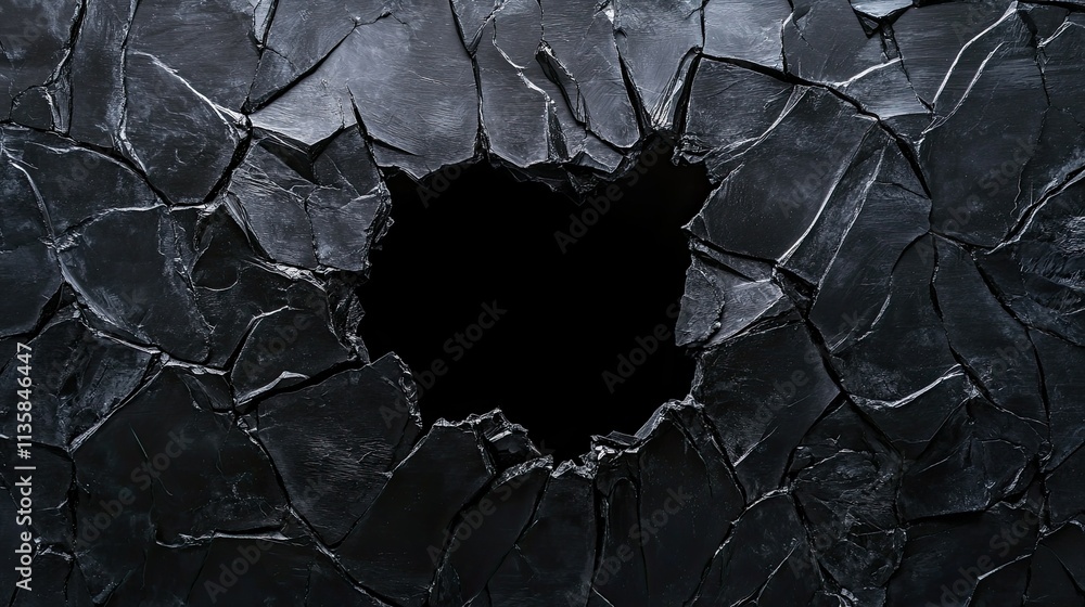 Poster dark cracked wall with a heart-shaped hole showing empty space and texture for backgrounds and desig