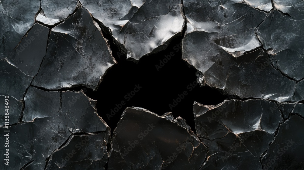 Poster dark fragmented surface with cracked texture exposing deep black background for artistic and creativ