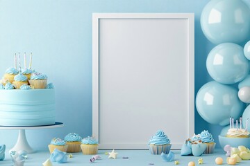 Birthday Party Mockup Blue Cake Cupcakes Balloons Poster