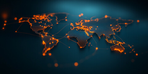 Dynamic digital map showcasing glowing connections across world, highlighting global networks and data flow in modern, technological style