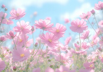 Fototapeta premium Pastel Pink Cosmos Flowers Field Blooming in Summer Sun