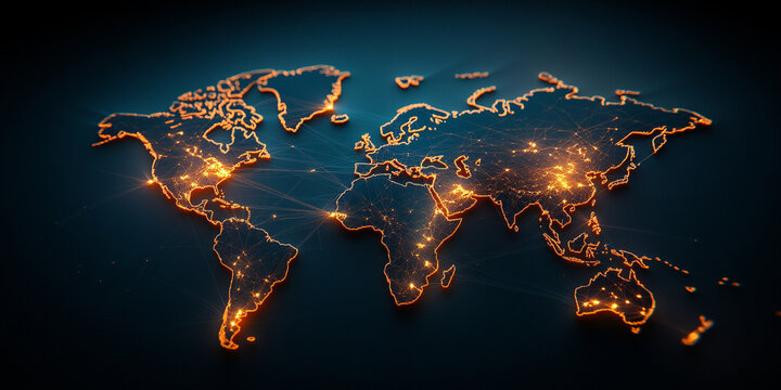 Dynamic digital map showcasing glowing representation of global connections and networks, emphasizing renewable energy hubs across continents