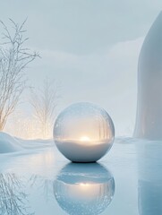 Frost-covered snow globe on reflective ice floor evokes winter charm and surreal nostalgia in softly glowing blue tones