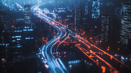 Fototapeta premium Smart digital Innovation city with connection network reciprocity over the cityscape. of future smart wireless digital city and social media networking systems that connects people with in city