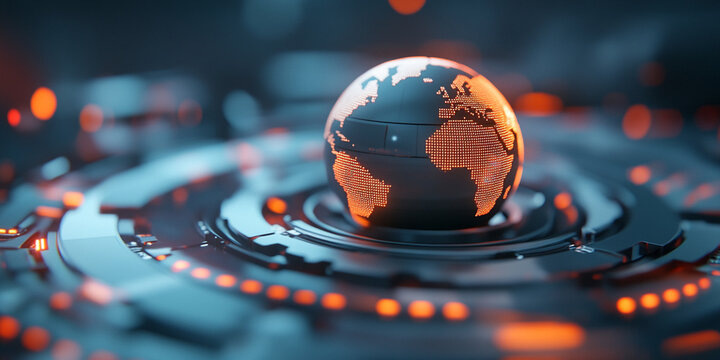 Futuristic representation of cybersecurity with glowing globe, showcasing interconnected technology and data protection. design emphasizes innovation and security