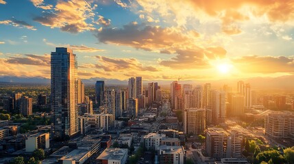 Fototapeta premium Sunset over modern city skyline. Urban landscape, architecture, and golden hour.