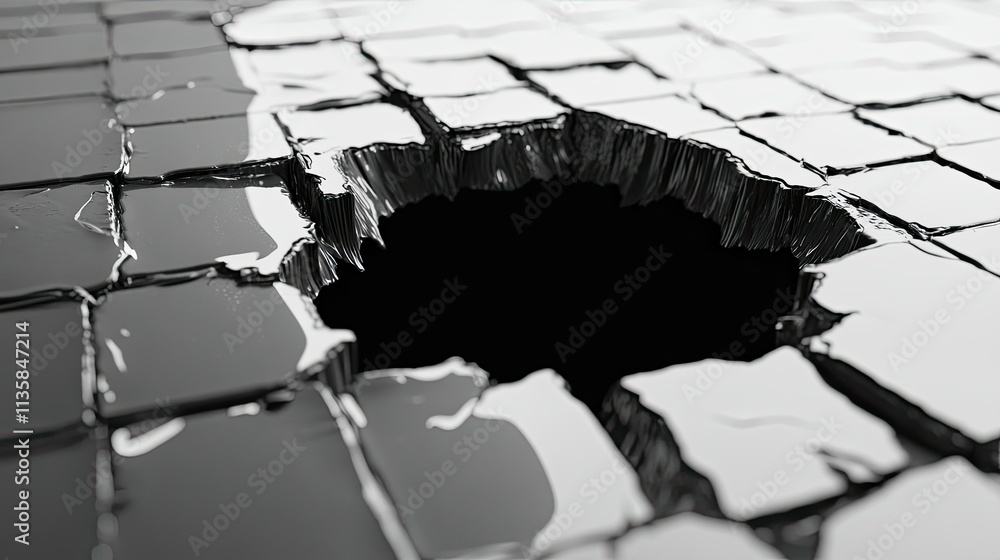 Poster abstract art depicting a crack in a shiny black surface with a broken tile design and sharp edges, r