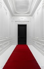 A white wall with a long red carpet leading to a black door