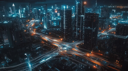 Fototapeta premium Smart digital Innovation city with connection network reciprocity over the cityscape. of future smart wireless digital city and social media networking systems that connects people with in city