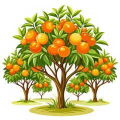 Vibrant orange trees with tangerine-like fruits nestled in a lush green landscape on a clean white backdrop