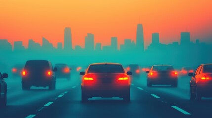 Cars Driving on Highway with City Skyline at Dusk in Fog