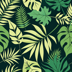 Seamless pattern featuring various jungle foliage including vibrant palm leaves and tropical plants