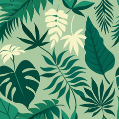 Vibrant seamless pattern of jungle foliage featuring diverse palm and tropical leaves in lush green tones
