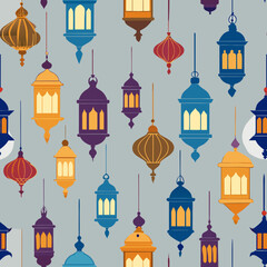 Seamless pattern featuring colorful Moroccan inspired lanterns in various shapes and sizes