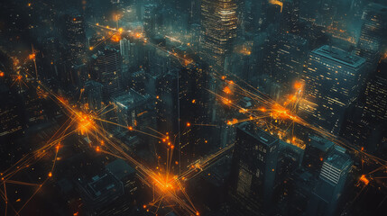 Fototapeta premium Smart digital Innovation city with connection network reciprocity over the cityscape. of future smart wireless digital city and social media networking systems that connects people with in city