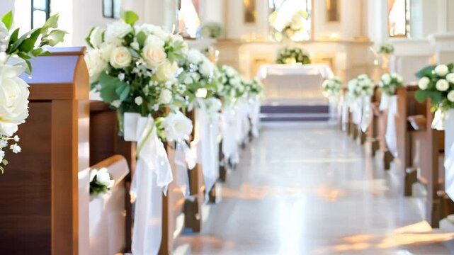 Elegant white rose bouquets with green foliage decorating wooden pews in a bright church aisle, ready for a wedding ceremony.