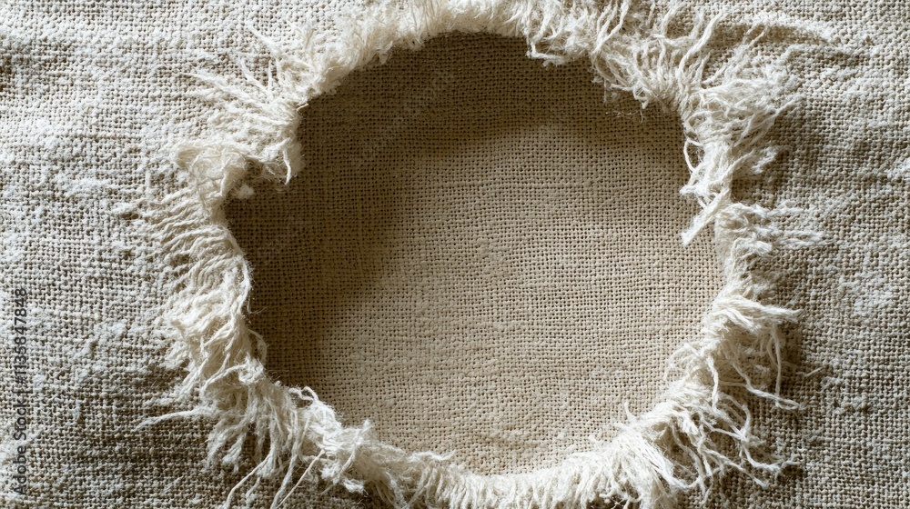 Poster textured fabric with frayed edges and distinctive circular hole in the center, capturing a unique ar