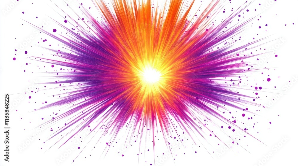 Poster radiant beams in a gradient of purple and orange forming a dynamic explosion effect, isolated on a c