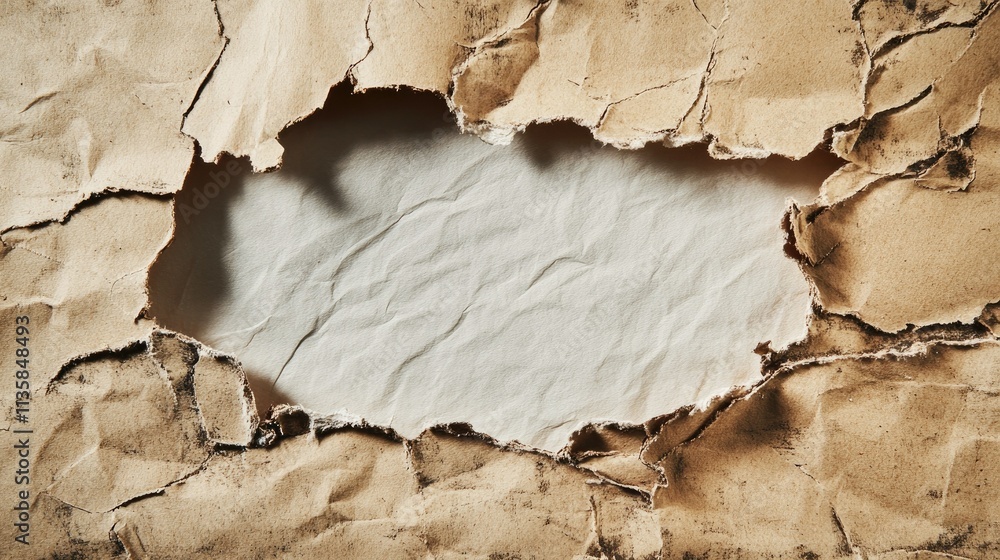 Poster textured old paper with torn edges and crumpled effect revealing a blank area for text or overlays p