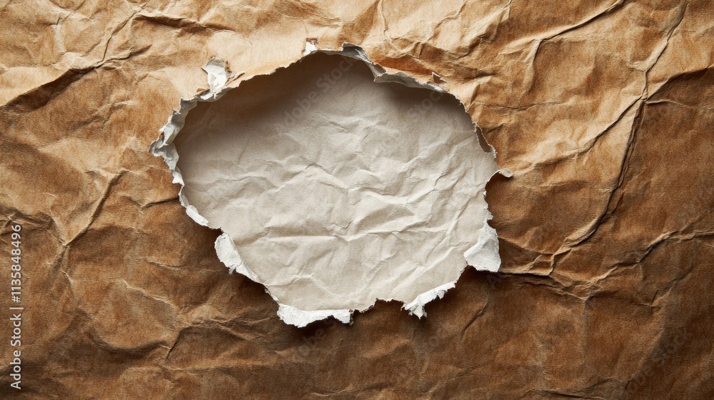 Poster crumpled brown paper background with torn hole in center revealing smooth white texture, ideal for t
