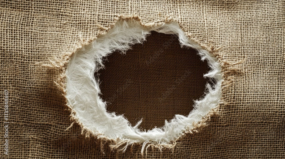 Poster close-up view of a round hole in rustic burlap fabric with frayed edges, exposing a dark backdrop, s