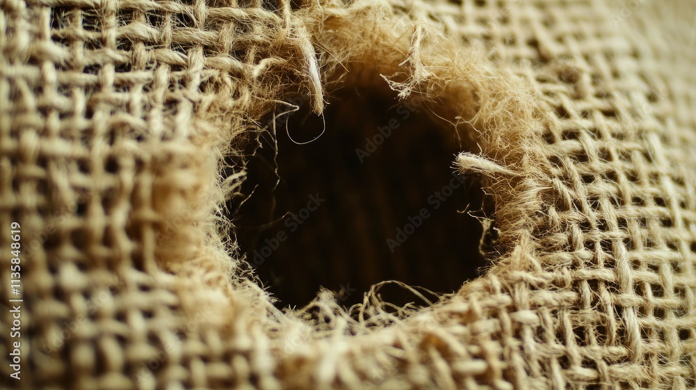 Poster close-up view of a textured burlap fabric with a circular hole, showcasing natural fibers and weave 