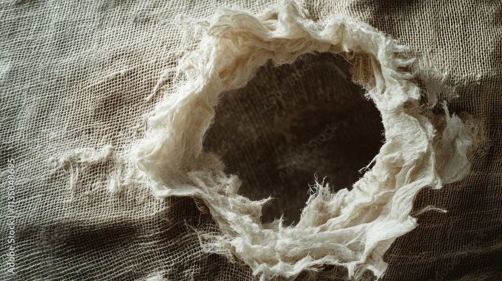 Poster close-up of torn fabric with frayed edges on a textile background highlighting the texture and detai