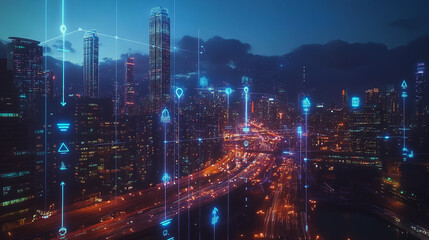 Obraz premium Smart digital Innovation city with connection network reciprocity over the cityscape. of future smart wireless digital city and social media networking systems that connects people with in city