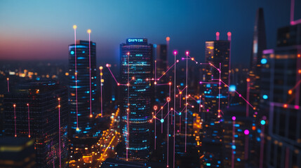 Fototapeta premium Smart digital Innovation city with connection network reciprocity over the cityscape. of future smart wireless digital city and social media networking systems that connects people with in city