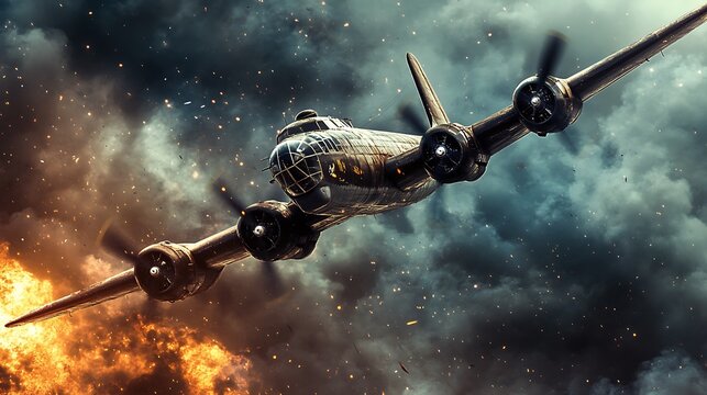 Vintage Bomber Plane in Action. Concept of War, History, and Aviation.