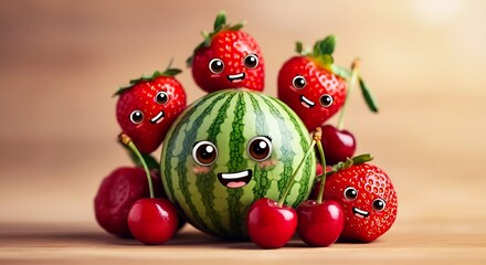 A cute wallpaper with smiling watermelons, strawberries, and cherries