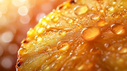 A macro shot of a pineapple slice, its vibrant golden textures glowing under soft backlight,...