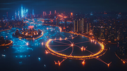 Smart digital Innovation city with connection network reciprocity over the cityscape. of future smart wireless digital city and social media networking systems that connects people with in city