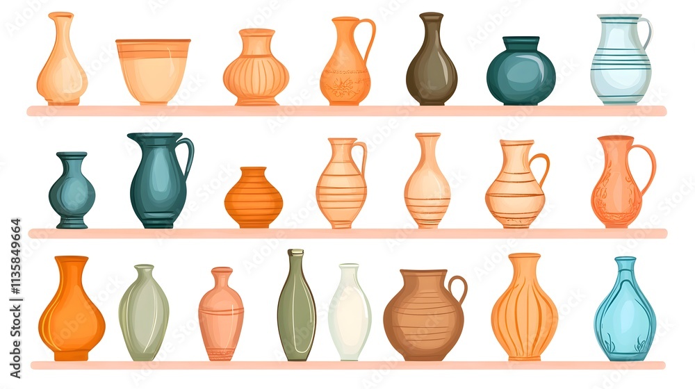 Aufkleber artistic display of colorful pottery on shelves in a studio setting