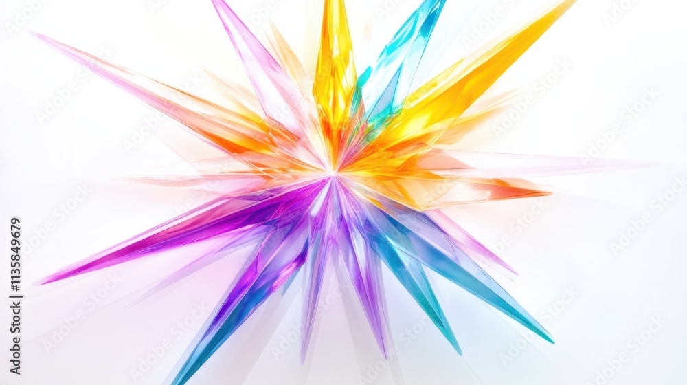 Poster radiant multicolored beams of light forming a star-like shape, creating an ethereal effect, isolated