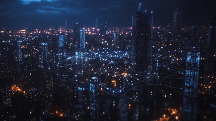 Fototapeta premium Smart digital Innovation city with connection network reciprocity over the cityscape. of future smart wireless digital city and social media networking systems that connects people with in city