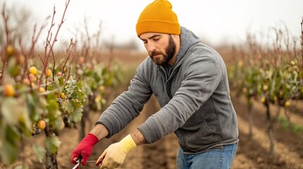 Farmer Demonstrating Tree Grafting Technique in Orchard Surrounded by Autumn Foliage