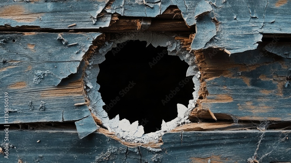 Poster close-up view of a circular hole in a weathered and cracked wooden plank with flaking paint and roug