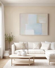 Abstract Painting in Beige and Blue Modern Living Room Interior