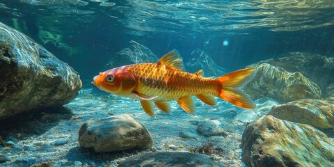 Naklejka premium Fish swimming upstream against the current in a clear mountain stream.