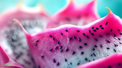 A macro shot of dragon fruit pulp, its vibrant magenta and white textures glowing under soft backlight, tiny black seeds adding contrast, set against a pastel teal background, cinematic lighting,