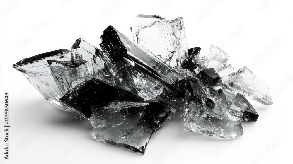Poster black crystal formation with sharp edges and transparent facets, showcasing intricate textures and r