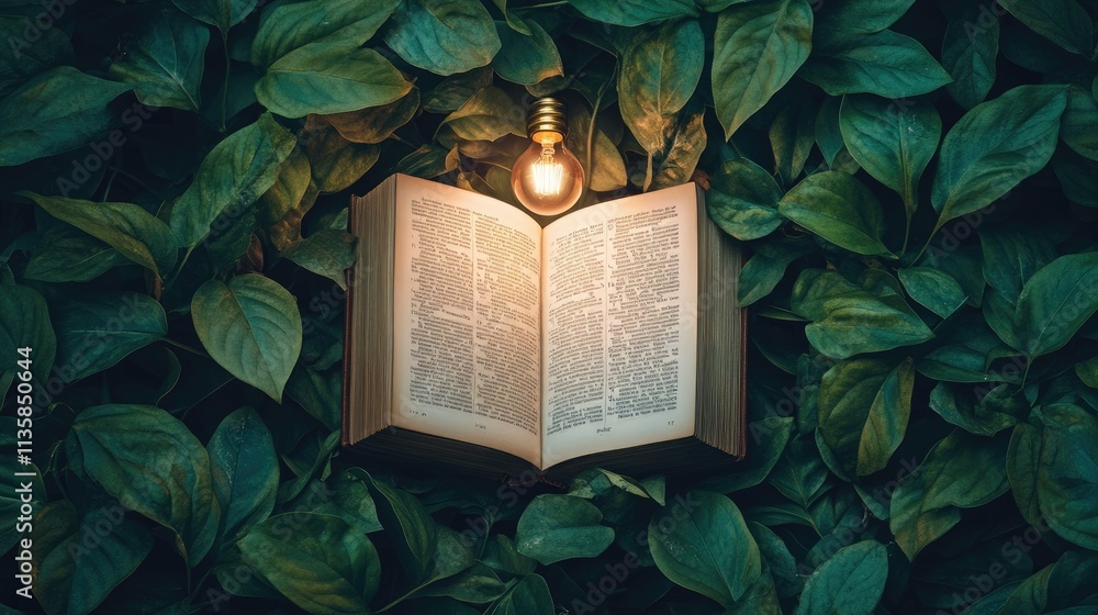 Poster open book surrounded by green leaves with a hanging light bulb creating an enchanting atmosphere of 