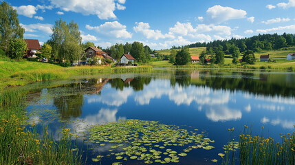 Fototapeta premium Tranquil landscape featuring a small country lake