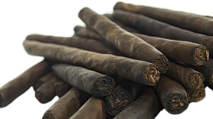 Close-Up View of Hand-Rolled Cigars Piled Together on a Light Background Showcasing the Rich Colors and Textures of Premium Tobacco Products