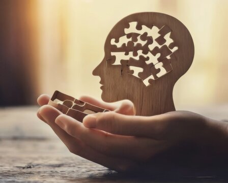 Creative concept: Hands holding wooden human head puzzle piece, evoking innovation in a warm room with blurred background.
