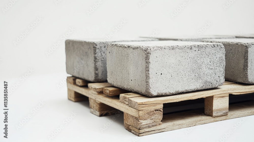 Poster close-up view of concrete blocks on a wooden pallet isolated on a light background for building and 